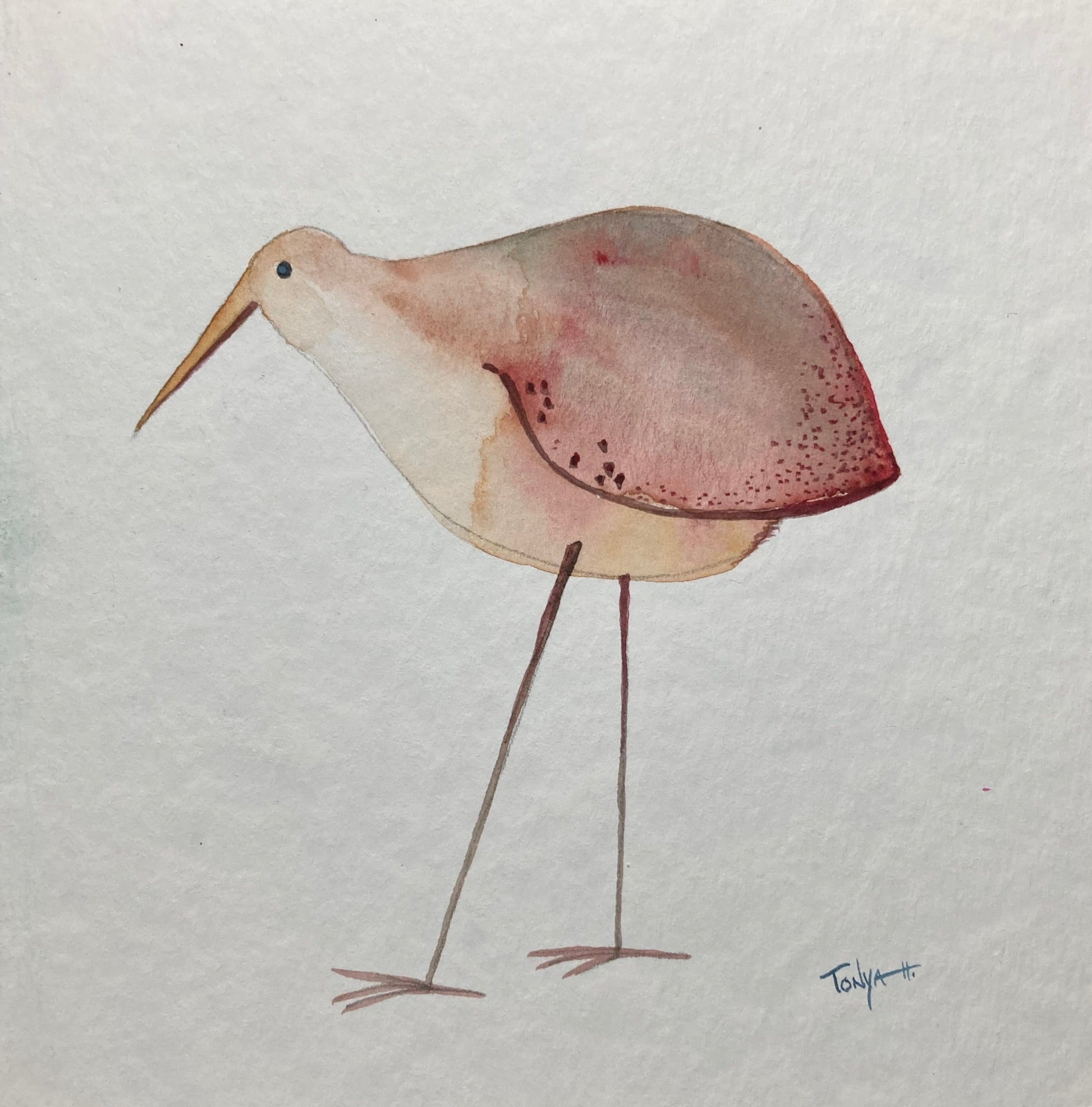 Long legged beige bird watercolor with red tiped wings, red dots, and  a long beak by artist Tonya Henderson.