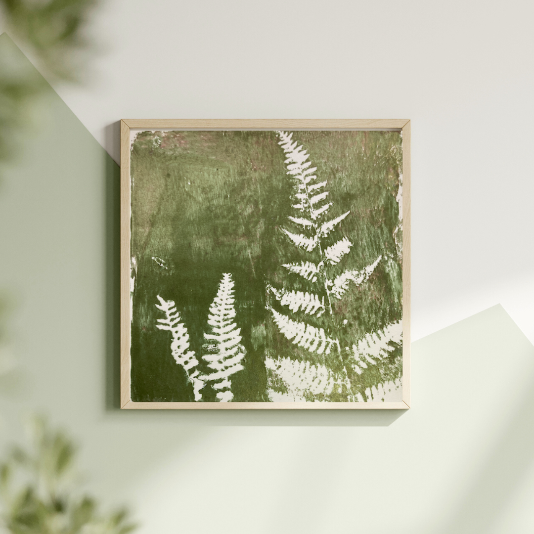 Original artwork by artist Tonya Henderson of white fern leaves on a light green modeled background.