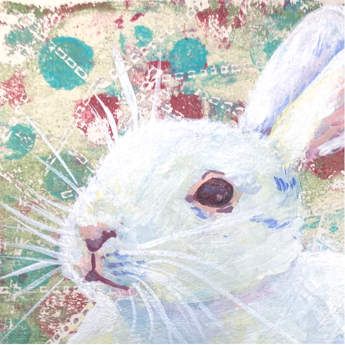 Colorful abstract painting of a white rabbit with a textured background in teal and burgundy by artist Tonya Henderson.