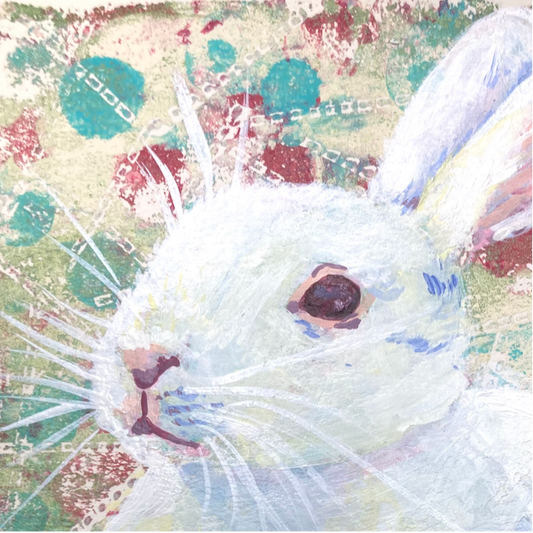 Colorful abstract painting of a white rabbit with a textured background in teal and burgundy by artist Tonya Henderson.