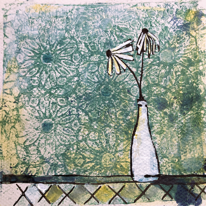 Artistic depiction of a white vase with white flowers against a textured green and blue background by artist Tonya Henderson.