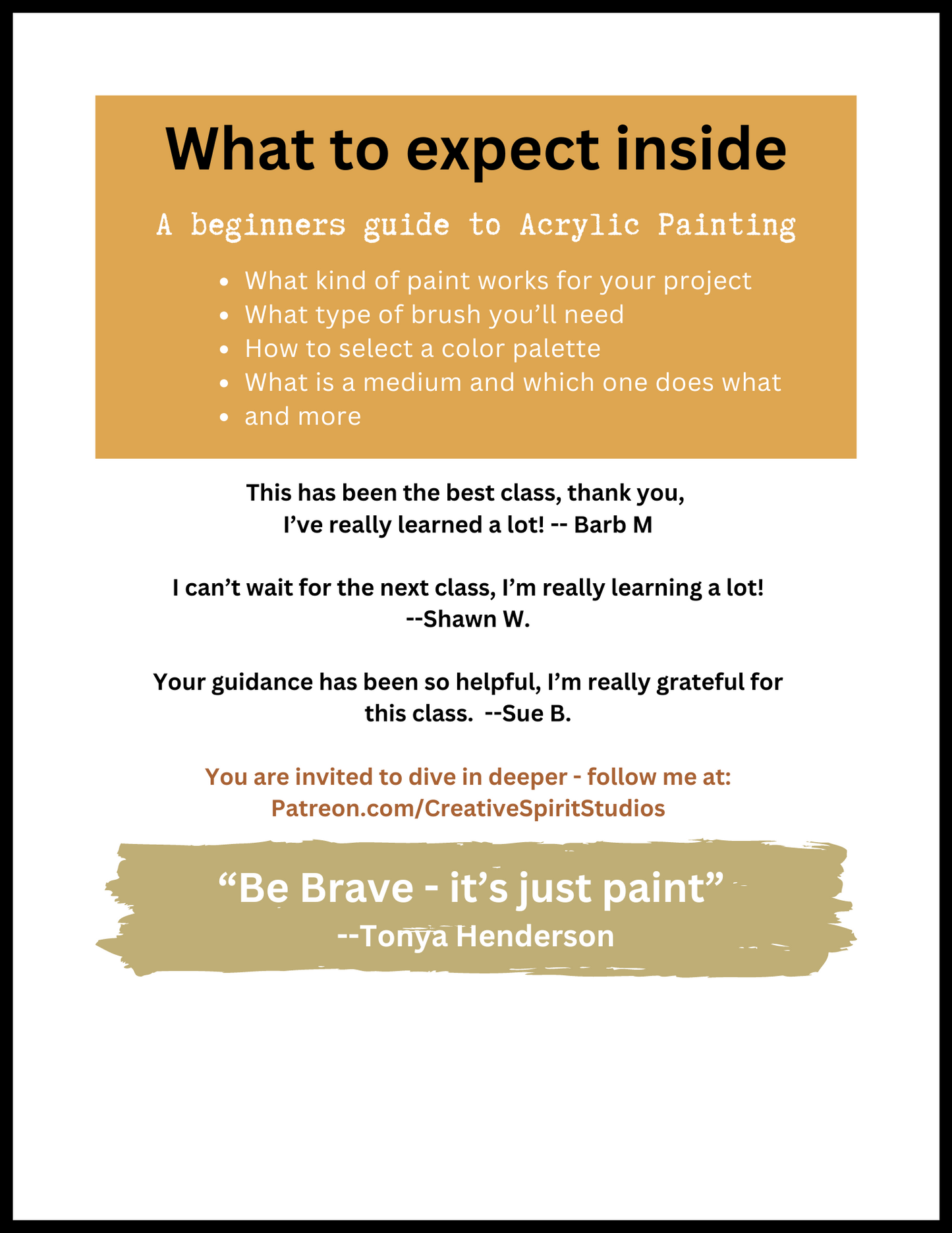 Back cover of book with large words that say "What to expect inside". Testimonials and a quote. Book by Tonya Henderson.