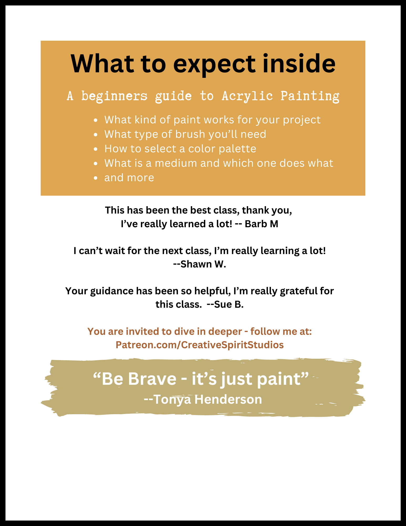 Back cover of book with large words that say "What to expect inside". Testimonials and a quote. Book by Tonya Henderson.