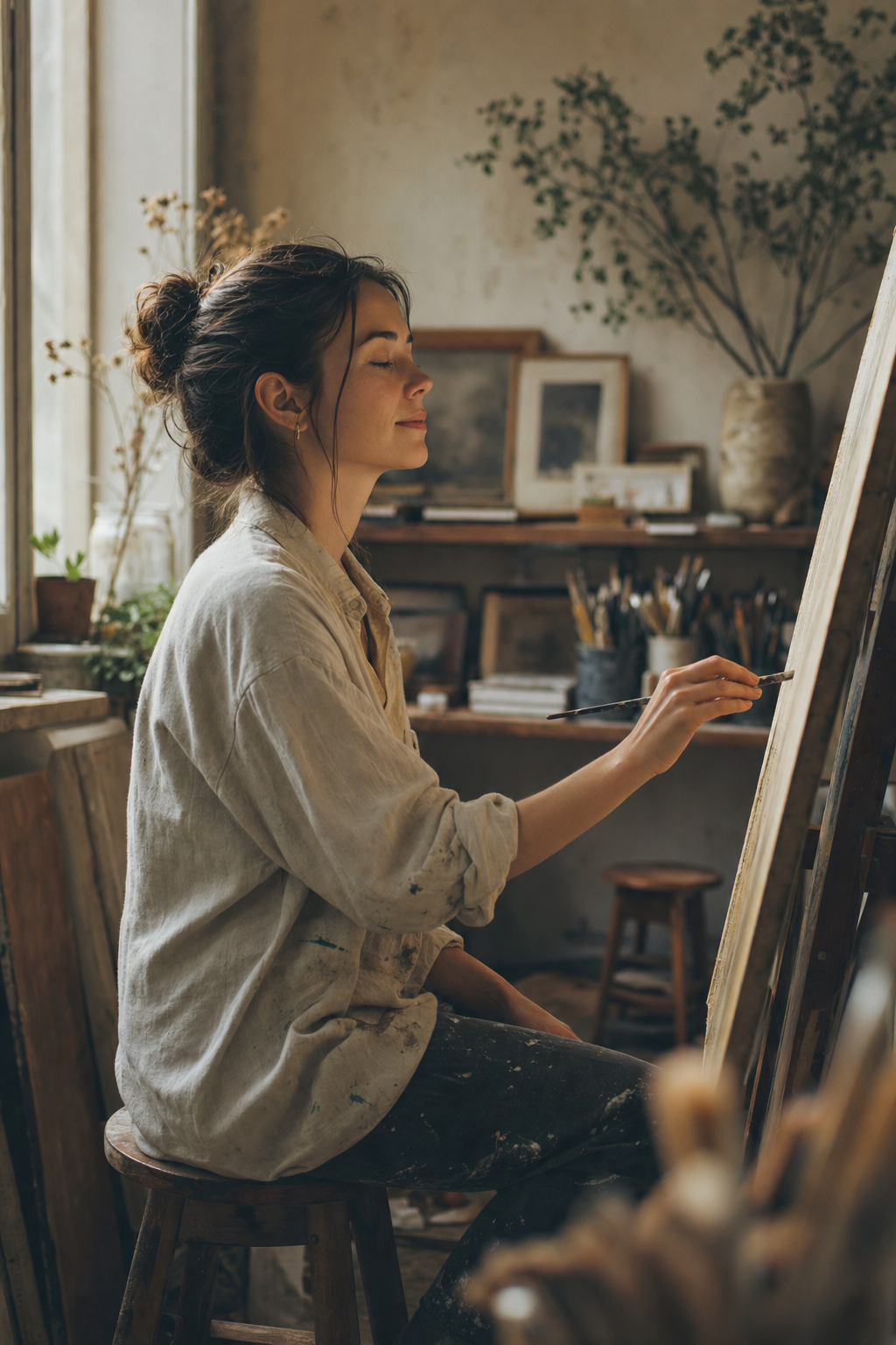 Woman painting in a studio with various art supplies and plants.